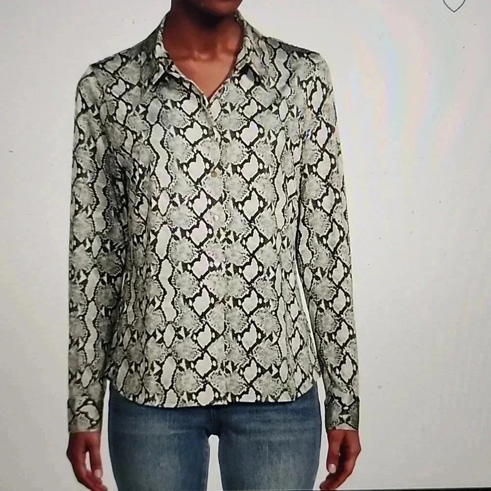 L'AGENCE Snake Print Button Down Shirt - Black and Cream